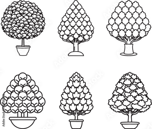 set of topiary bush line art, black outline, vector and illustration, coloring book page line art drawing