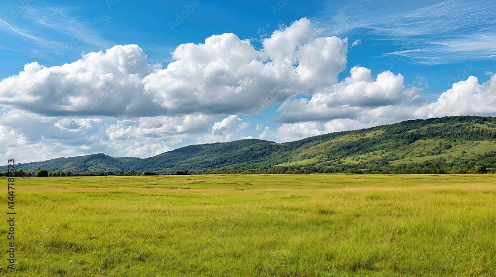 Fototapeta premium A vast green meadow stretches across the landscape, framed by distant hills and a forest, under a bright sky filled with fluffy clouds, perfect for travel and eco-friendly vacation projects. 