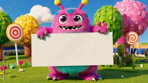 Playful and Vibrant Cartoon Monster in a Colorful Park Setting Surrounded by Trees and Flowers