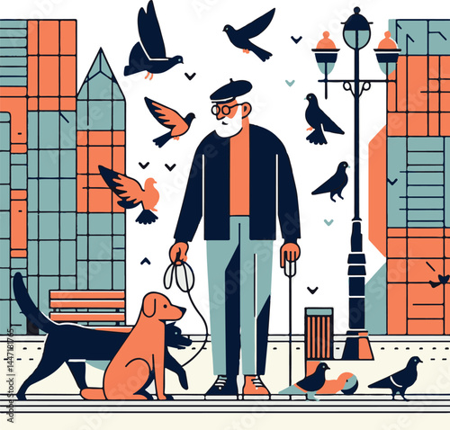 Elderly man feeding birds in a city park with dogs - 8.eps  