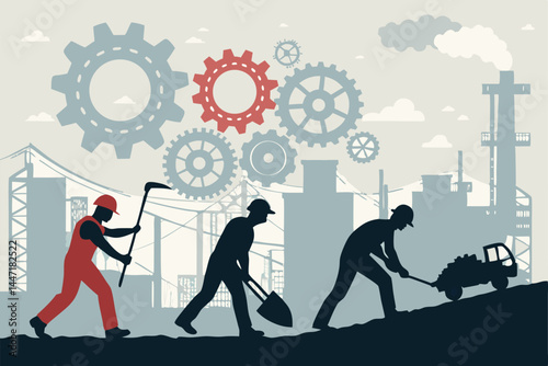 Abstract vector illustration depicting collaborative mining teamwork; bold, stylized shapes and vibrant colors represent synergy and efficiency in mineral extraction.