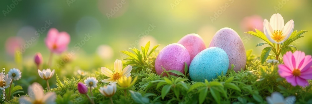 Fototapeta premium Pastel eggs nestled in blooming spring flowers, vibrant colors , tulips, blue