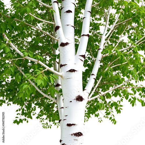 White birch tree isolated on a white background. Close up.