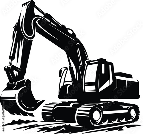 Excavator silhouette in dynamic digging pose on white background