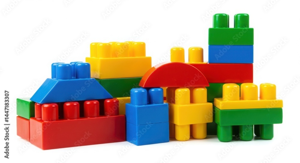 Colorful plastic building blocks stacked together on a white background view Colorful plastic building blocks stacked together on a white background view