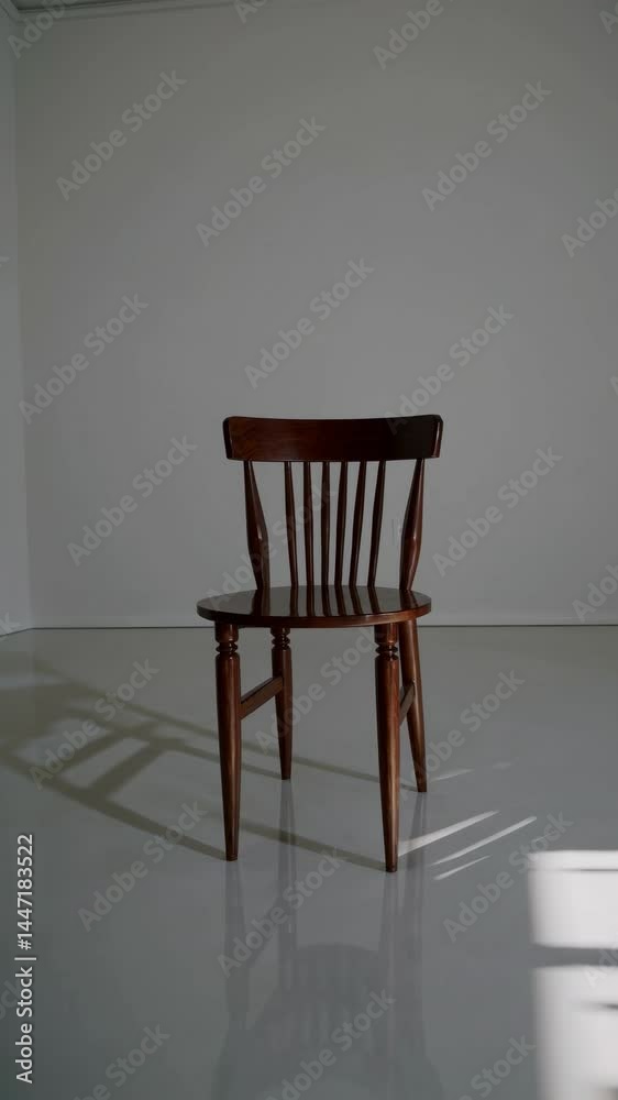 Minimalist video concept featuring a single wooden chair in a stark, empty room. Low-angle shot emphasizes simplicity and solitude. Live mobile wallpaper. Minimalist video concept featuring a single wooden chair in a stark, empty room. Low-angle shot emphasizes simplicity and solitude. Live mobile wallpaper.
