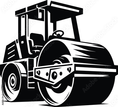Road roller in dynamic pose with elevated drum and industrial design