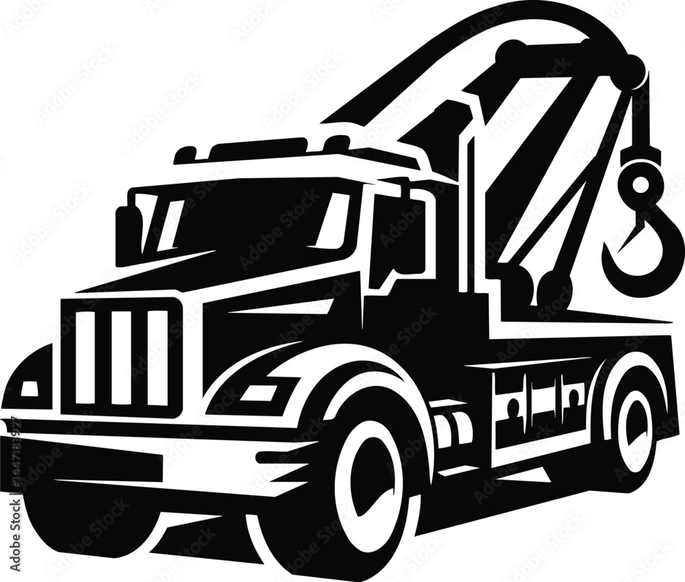 Naklejka premium Tow Truck Silhouette in Dynamic Motion with Hook Extended
