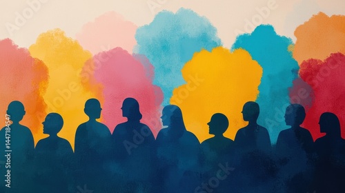 Silhouettes of People in Front of Colorful Abstract Backgrounds Representing Diversity and Unity in Society