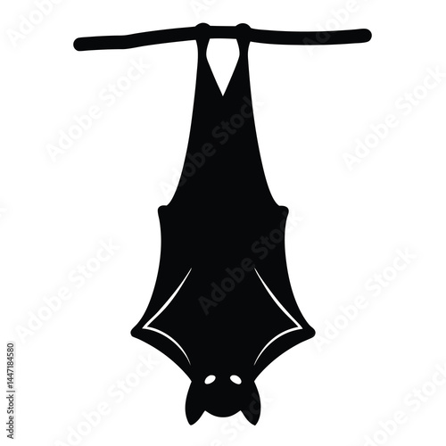 Upside Down Bat Silhouette Hanging From vector a Branch in Black and White