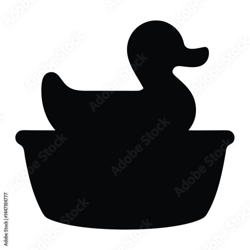 Bold black silhouette of a rubber vector ducky toy in a small tub