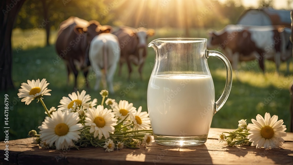 Fresh rustic cow's milk in a jug on a table against the background of a meadow where cows graze. AI generated Fresh rustic cow's milk in a jug on a table against the background of a meadow where cows graze. AI generated