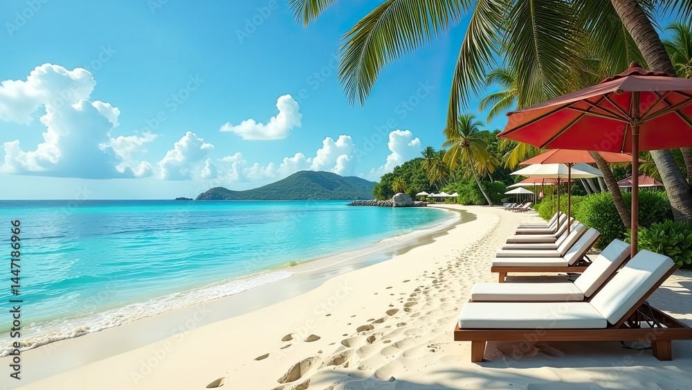 Obraz premium Panorama of a tropical paradise beach with palm trees and white sand on the ocean shore. trip to the sea in a warm summer climate, a vacation tour. AI generated