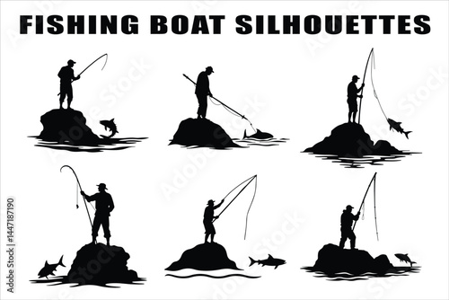Silhouettes of Men and Dogs Fishing