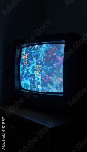 TV screen with static noise and old CRT glow in a dark room, crt, old screens, static noise