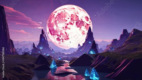 Stunning Fantasy Landscape with a Majestic Large Pink Moon Over Crystal Peaks and Reflective Water Bodies