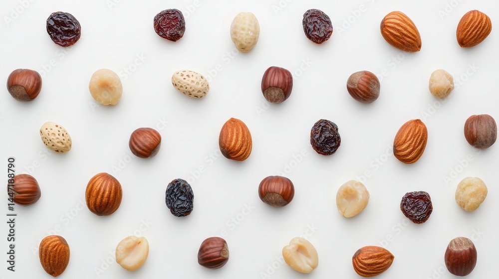 Assorted Nuts and Dried Fruits Arranged in a Creative Pattern on a White Background Assorted Nuts and Dried Fruits Arranged in a Creative Pattern on a White Background