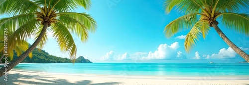 Panorama of a tropical paradise beach with palm trees and white sand on the ocean shore. trip to the sea in a warm summer climate, a vacation tour. 