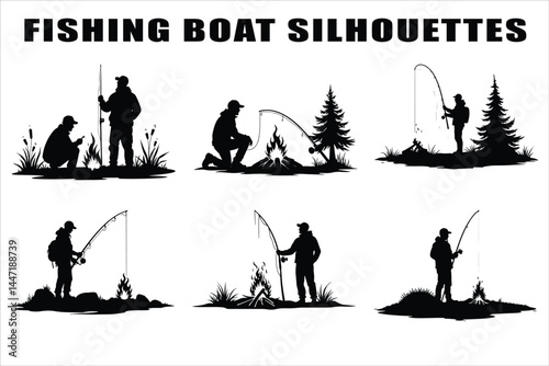 Silhouettes of Men and Dogs Fishing