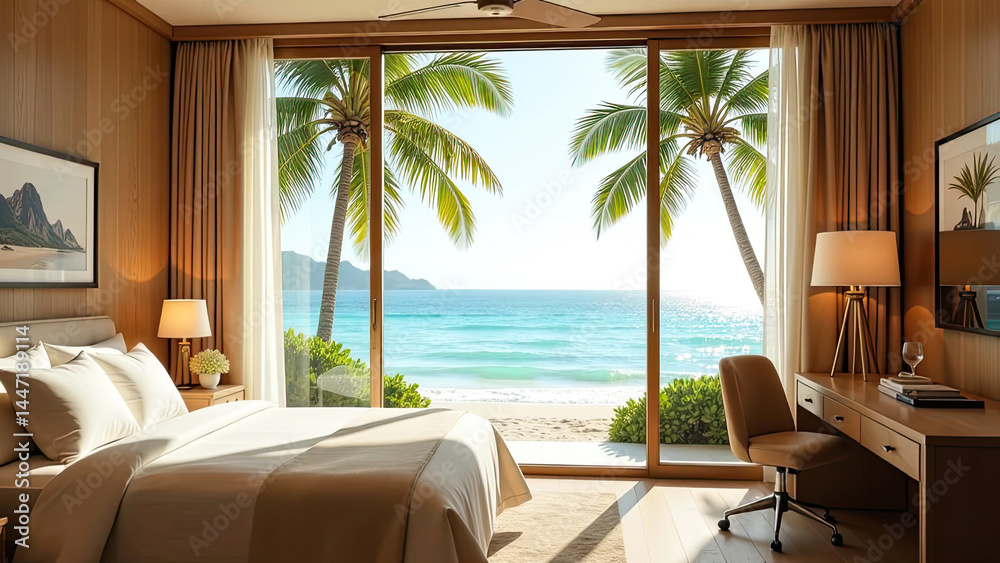 Obraz premium The interior of the hotel room with a view of the ocean for a beach holiday and travel.