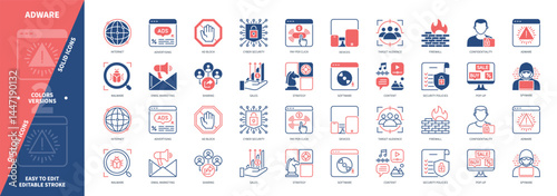 Adware icon set. Pop Up, Software, Pay per Click, Spyware, Malware, Internet, Advertising, Firewall. Duotone color solid and editable outline icons