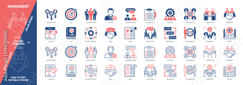 Agreement icon set. Business People, Contract, Communication, Negotiation, Project, Opportunities, Goals, Deal. Duotone color solid and editable outline icons