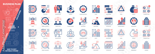 Business Plan icon set. Goal Settings, Competition Management, Market Research, Risks, Analysis, Procedures, Startup. Duotone color solid and editable outline icons