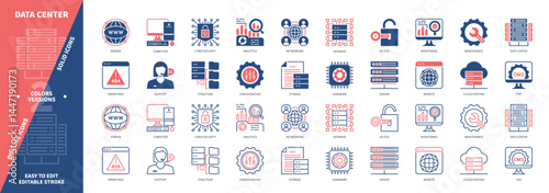Data Center icon set. Server, Storage, Maintenance, Security, Configuration, Monitoring, Networking, Software. Duotone color solid and editable outline icons
