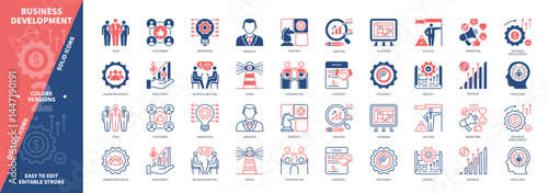 Business Development icon set. Strategy, Investment, Management, Vision, Revenue, Innovation, Cooperation, Project. Duotone color solid and editable outline icons