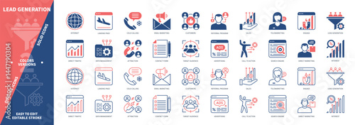 Lead Generation icon set. Call to Action, Cold Calls, Engage, Direct Traffic, Attraction, Internet, Interest, Referral Program. Duotone color solid and editable outline icons