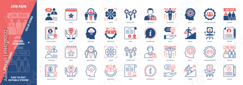 Job Fair icon set. Resume, Vacancy, Motivation, Interview, Human Resources, Profession, Candidate, Recruitment. Duotone color solid and editable outline icons