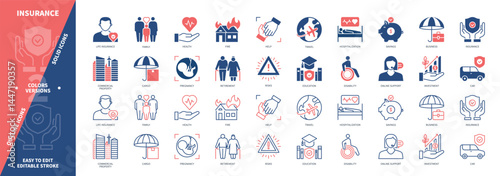 Insurance icon set. Pregnancy, Cargo, Health, Commercial Property, Family, Business, Car, Education. Duotone color solid and editable outline icons