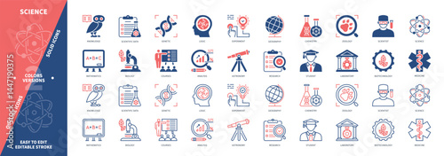 Science icon set. Laboratory, Scientist, Telescope, Mathematics, Experiment, Knowledge, Student, Courses. Duotone color solid and editable outline icons