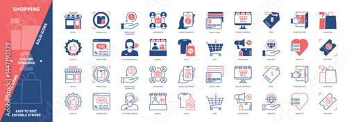 Shopping icon set. Advertising, Price, Home Delivery, Mobile Payments, Retail, Cart, Discount, Sales. Duotone color solid and editable outline icons