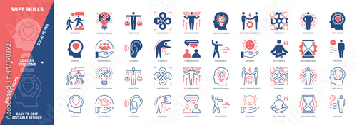 Soft Skills icon set. Responsibility, Empathy, Conflict Management, Work Ethic, Teamwork, Flexibility, Discipline, Problem Solving. Duotone color solid and editable outline icons