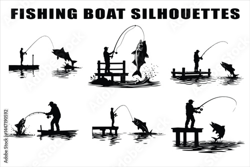 Silhouettes of Men and Dogs Fishing
