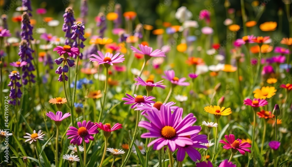 Fototapeta premium Vibrant purple, pink & multicolored flowers bloom in a sunlit meadow, background, meadow
