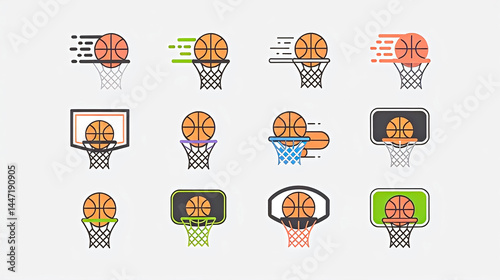 icon set featuring basketballs and basketball hoops in dynamic, stylized designs. The icons should balance simplicity and energy, suitable for sports apps, athletic branding, fitness platforms, or mer