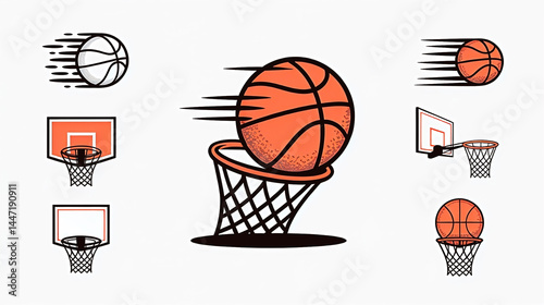 icon set featuring basketballs and basketball hoops in dynamic, stylized designs. The icons should balance simplicity and energy, suitable for sports apps, athletic branding, fitness platforms, or mer