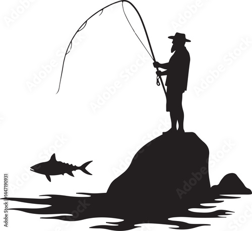 Silhouettes of Men and Dogs Fishing