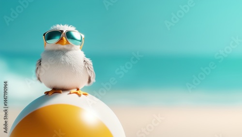 Lustige Möwe mit Sonnenbrille auf Strandball am Strand