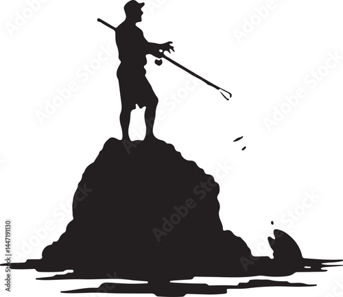 Silhouettes of Men and Dogs Fishing