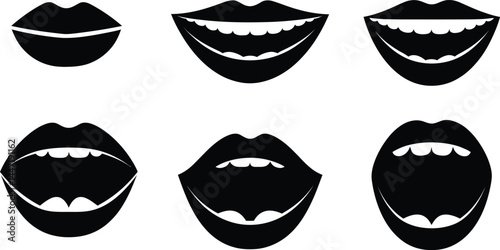 Set of black lips icons. Vector illustration isolated on white background.