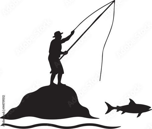 Silhouettes of Men and Dogs Fishing