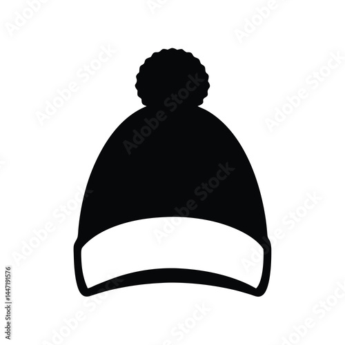Simple Black and White Winter Hat vector Silhouette with a Pom Pom on Top