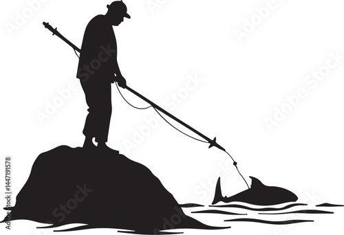 Silhouettes of Men and Dogs Fishing