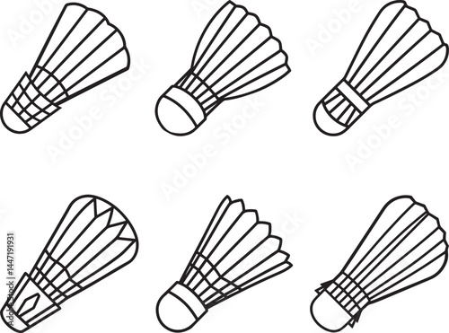 set of shuttlecock badminton line art, black outline, vector and illustration, coloring book page line art drawing