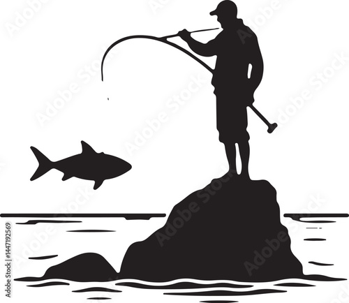 Silhouettes of Men and Dogs Fishing
