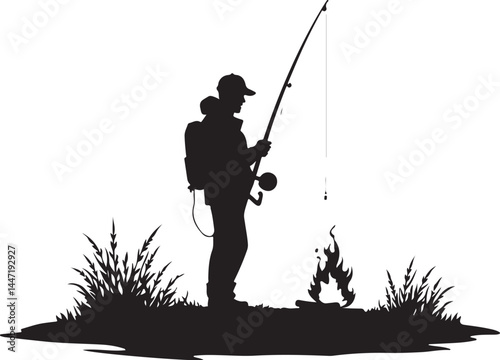 A silhouette of a man fishing bundle, fishing in the river. fishing, fisherman, silhouette, fish, water, sunset, rod, sport, sea, lake, angler, leisure, hobby, ocean, river, beach, boy, fisher, nature