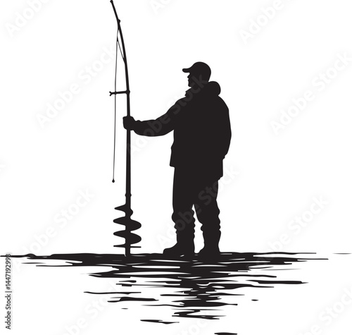 Silhouettes of Men and Dogs Fishing